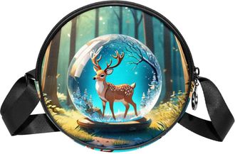 Generic Circle Crossbody Bag for Women, Deer Crystal Ball Small Sling Bag Daypack with Zipper Adjustable Shoulder Straps Casual Ladies Girls Round Purse