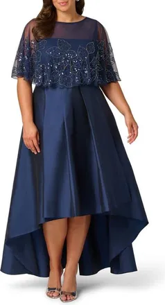 Adrianna Papell Floral Bead Cape High-Low Taffeta Gown in Light Navy at Nordstrom, Size 20W