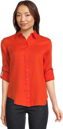 Lauren Ralph Lauren Petite Linen Roll Tab-Sleeve Shirt Womens Clothing Orange Lily : PM