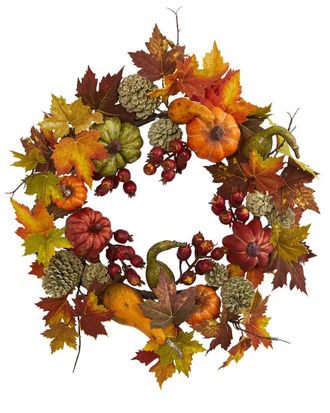 Nearly Natural 24In Pumpkin Gourd Berry And Maple Leaf Wreath