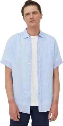 Benetton Linnen overhemd met korte mouwen - Heren - Overhemden - Blauw - Maat: M Linnen