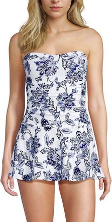 Lands End Sculpting Bandeau Lace Back Mini Swim Dress in White/blue Vintage Floral at Nordstrom, Size 12