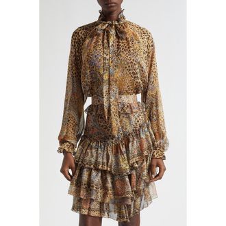 Etro Paisley Leopard Spot Tie Neck Silk Shirt in Dark Brown at Nordstrom, Size 10 Us