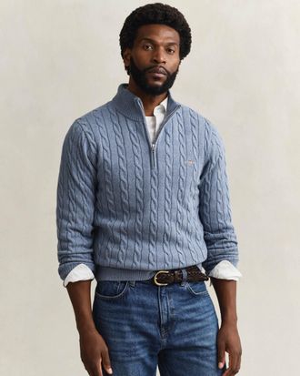 GANT Mens Half Zip Jumper in Light Blue Cotton - Size X-Large