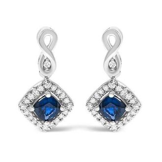 House of Brilliance 10K White Gold Sapphire and Diamond Halo Cushion Shaped Drop Earrings at Nordstrom