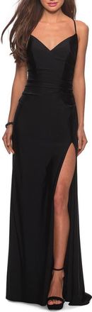 La Femme Long Homecoming Dress with Slit and Criss Cross Back in Black at Nordstrom, Size 12