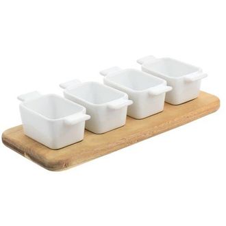 Gibson Home Gracious Dining 5 Piece Fine Ceramic Tidbit Dish Set with Acacia Wood Base in White at Nordstrom