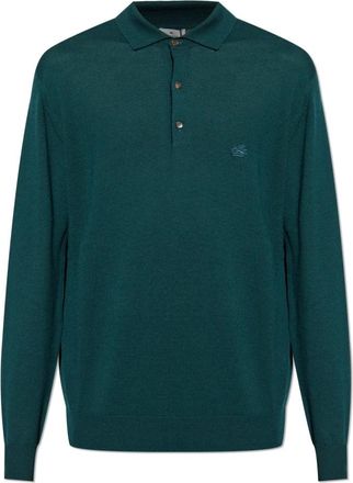 Etro Wollen poloshirt met lange mouwen - Heren - V-hals truien - Groen - S - Wol - Truien & Vesten