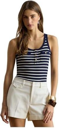 Lauren Ralph Lauren Striped Button-Trim Rib-Knit Tank Top Womens Clothing Refined Navy/Mascarpone Cream : LG, Cotton/Elastane/Modal