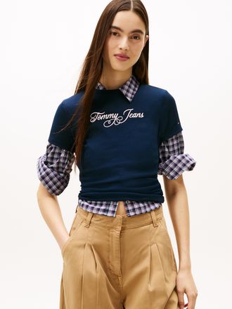 Tommy Jeans Kurzarmshirt TOMMY JEANS TJW SLIM ESS LOGO 1 RIB TEE EXT, Damen, Gr. 4XL (48), schwarz night navy, Single Jersey, Obermaterial: 95% Baumwolle, 5% Elas