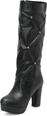 Generic Womens Block High Heel Platform Round Toe Knee High Boots Side Zipper Rhinestones Decor Elegant Casual Winter Shoes (Black,5.5)