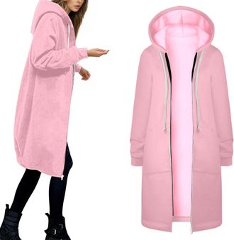 Generic Longline Hoodies For Women Uk Full Zip Up Thin Fleece Hoody Jackets With Pockets Plus Size Mid-length Hooded Sweahirts With Drawstring Hood Solid Warm