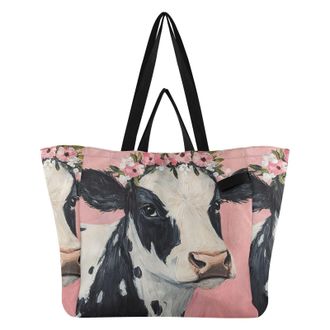 Generic Flower Black White Cow pattern Reusable Canvas Tote Bag, Heavy Duty Grocery Shopping Bag with Hard Bottom Large Capacity Double Handles Work Groceries