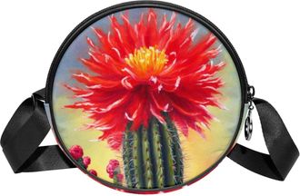 Generic Circle Crossbody Bag for Women, Red Cactus Flowers Small Sling Bag Daypack with Zipper Adjustable Shoulder Straps Casual Ladies Girls Round Purse