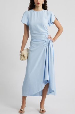 Nordstrom Split Sleeve Side Smocked Midi Dress in Blue Floaty at Nordstrom, Size Xx-Small