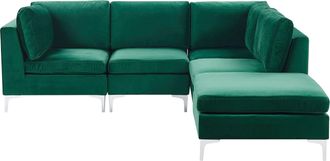 Beliani Sof&aacute; Esquinero 4 Plazas De Terciopelo Verde Izquierdo Con Otomana Asiento Patas Metal Evja