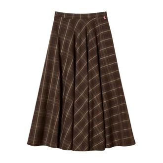 Twinset Myfo Lange Flanellen Geruite Rok - Dames - Rokken - Bruin - Maat: M Flanel