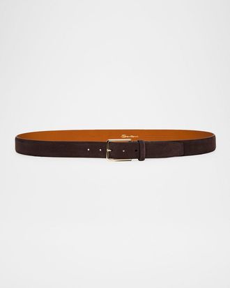 Santoni Men & apos;s Suede Rectangle-Buckle Belt