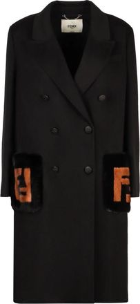 Fendi Wollen Double-Breasted Jas met Reverskraag - Dames - Mantel - Zwart - L - Wol - Jassen