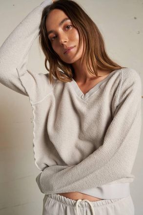 perfectwhitetee Zuri Reverse Fleece V-Neck Sweater In Sugar