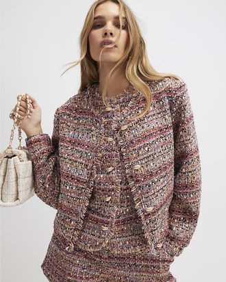 River Island Womens Bomber Jacket Red Boucle Cropped - Brown - Size 18 UK