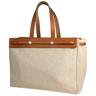 Herm&egrave;s Brown Natural Toile H Shoulder Bag Tote Bag (Pre-Owned)