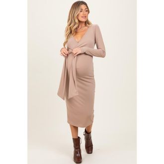 Pinkblush Blue Ribbed Long Sleeve Maternity Wrap Dress in Taupe at Nordstrom, Size Medium