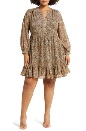 Vince Camuto Leopard Print Ruffle Hem Long Sleeve Dress in Foxtrot at Nordstrom, Size 3X