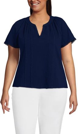 Lands End Plus Size Slub Short Sleeve Notch Neck Top in Deep Sea Navy at Nordstrom, Size 2X
