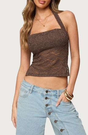 Edikted Zolah Sheer Lace Crop Halter Top in Dark-Brown at Nordstrom, Size X-Small