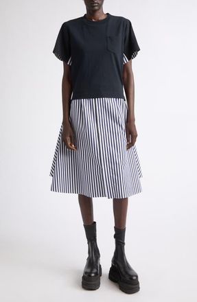 sacai Stripe T-Shirt Overlay Shirtdress in Navy Stripe at Nordstrom, Size 1