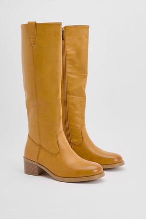 Faith Womens : Rita Faux Leather High Leg Block Heel Boots - Brown - Size UK 5