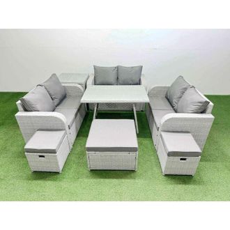 Fimous Rattan Garden Furniture Dining Set 9-seater Patio Rectangular Table Love Sofa Set with Side Table 3 Stools - Fimous