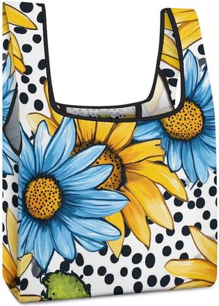 Generic Sunflower Black White Spotted Shopping Bag Reusable Grocery Tote Bag Foldable Handbag for Travel Picnic