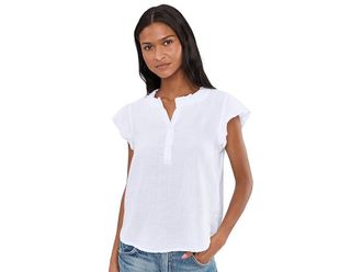 Mod-o-doc Gauze Flutter Cap Sleeve Ruffle Neck Henley Shirt Womens Clothing White : LG (US 12-14), Cotton