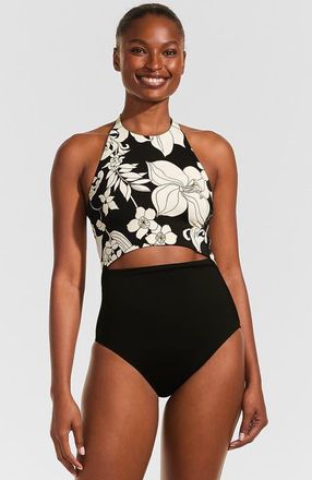 Lands End Tugless Halter Monokini High Leg One Piece Swimsuit in Black/egret Lilies at Nordstrom, Size 14P