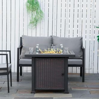 TJ Hughes Outsunny Square Propane Gas Fire Pit Table - 50000 BTU Rattan Smokeless Firepit Patio Heater with Glass Screen - Glass Beads and Lid - 82cm x 82cm x 6
