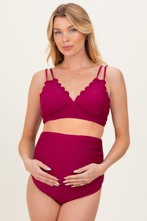 Pinkblush Scalloped V-Neck High Waist Two-Piece Swimsuit in Burgundy at Nordstrom, Size X-Large