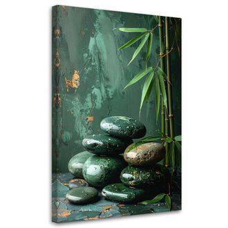 Feeby Cuadro En Lienzo, Piedras Zen Bamb&uacute; Sobre Fondo Verde, 80x120