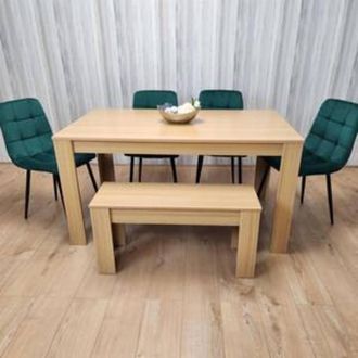 Kosy Koala 6 Seater Light Wood Dining Table Set 4 Green Velvet Chairs & Bench in Brown