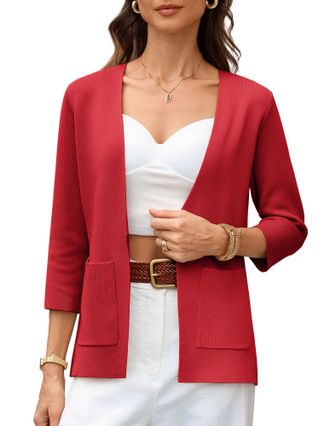Grace Karin Women Elegant Cardigans Spring Soft Knit Long Sleeve Blazer Jacket with Pockets M Red