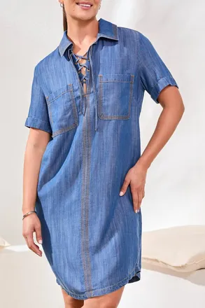 Tribal Pop Over Shirt Dress With Lace Up In Seaside Blue-2991
