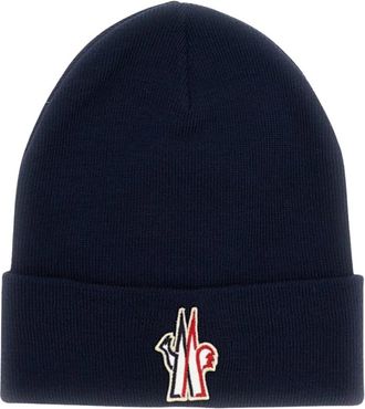Moncler Logo Beanie - Heren - Hoeden - Blauw - ONE Size - Wol - Accessoires