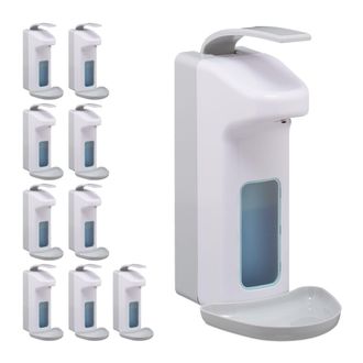 Relaxdays 10 Dispensadores De Jab&oacute;n Para Pared, 1000 Ml, Bandeja Goteo, Dosificador Desinfectante, Palanca Brazo, Abs, Blanco