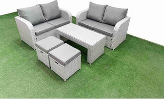 Fimous 6 Seater Outdoor Love Sofa Set Rattan Garden Furniture Set with Oblong Coffee Table 2 Small Stools Light Grey - Fimous
