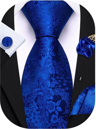 Barry.Wang Royal Blue Tie with Flower Lapel Pin for Men Floral Silk Necktie Pocket Square Cufflinks Set Formal Wedding Party Business