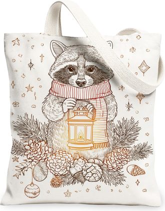 Generic Winter Raccoon Canvas Tote Bags, Cute Animal Lantern Pattern Reusable Grocery Bags, Lightweight Washable Shoulder Strap Can, White, 13x15 Inch