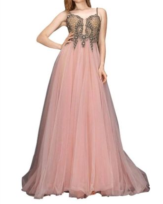 Terani Couture Beaded Tulle Gown In Blush