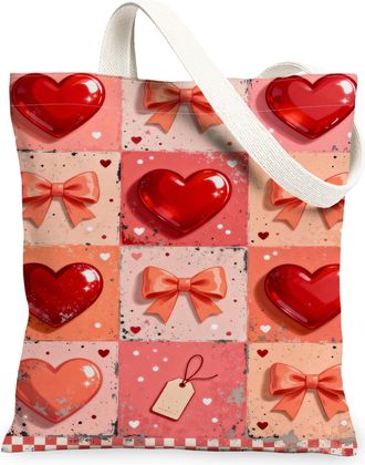 Generic ValentineS Day Heart Canvas Tote Bags, Romantic Bow Pattern Reusable Grocery Bags, Lightweight Washable Shoulder Strap Can, Red, 13x15 Inch