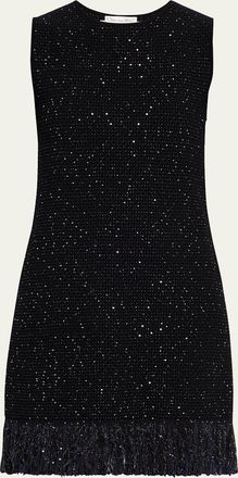 Oscar De La Renta Tweed Textured Sleeveless Fringed Mini Dress